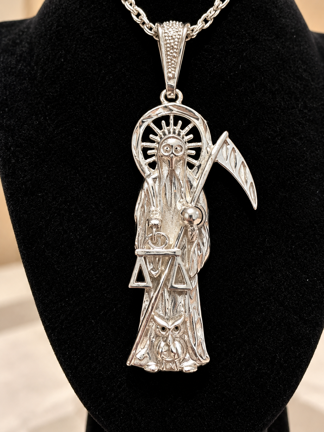 Santa Muerte Silver Plated Necklace & Pendant Set 🖤