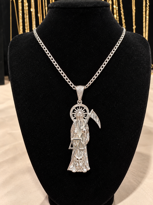 Santa Muerte Silver Plated Necklace & Pendant Set 🖤