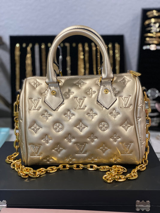 Luxury Gold Monogram Satchel Handbag – Top Handle & Chain Strap